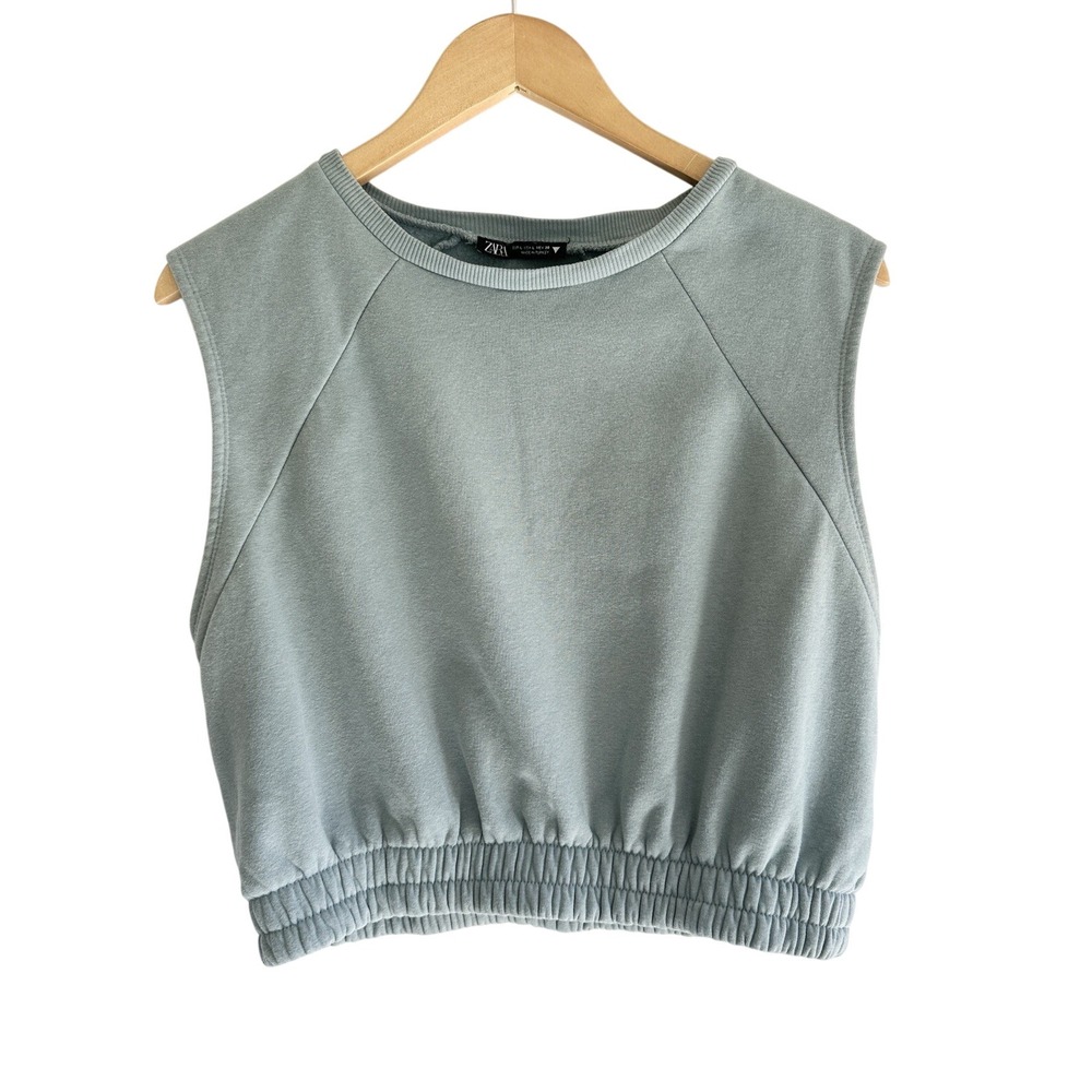 ZARA Black Label Sporty Luxe Sleeveless Cropped‎ Sweatshirt Size Large Blue Gray